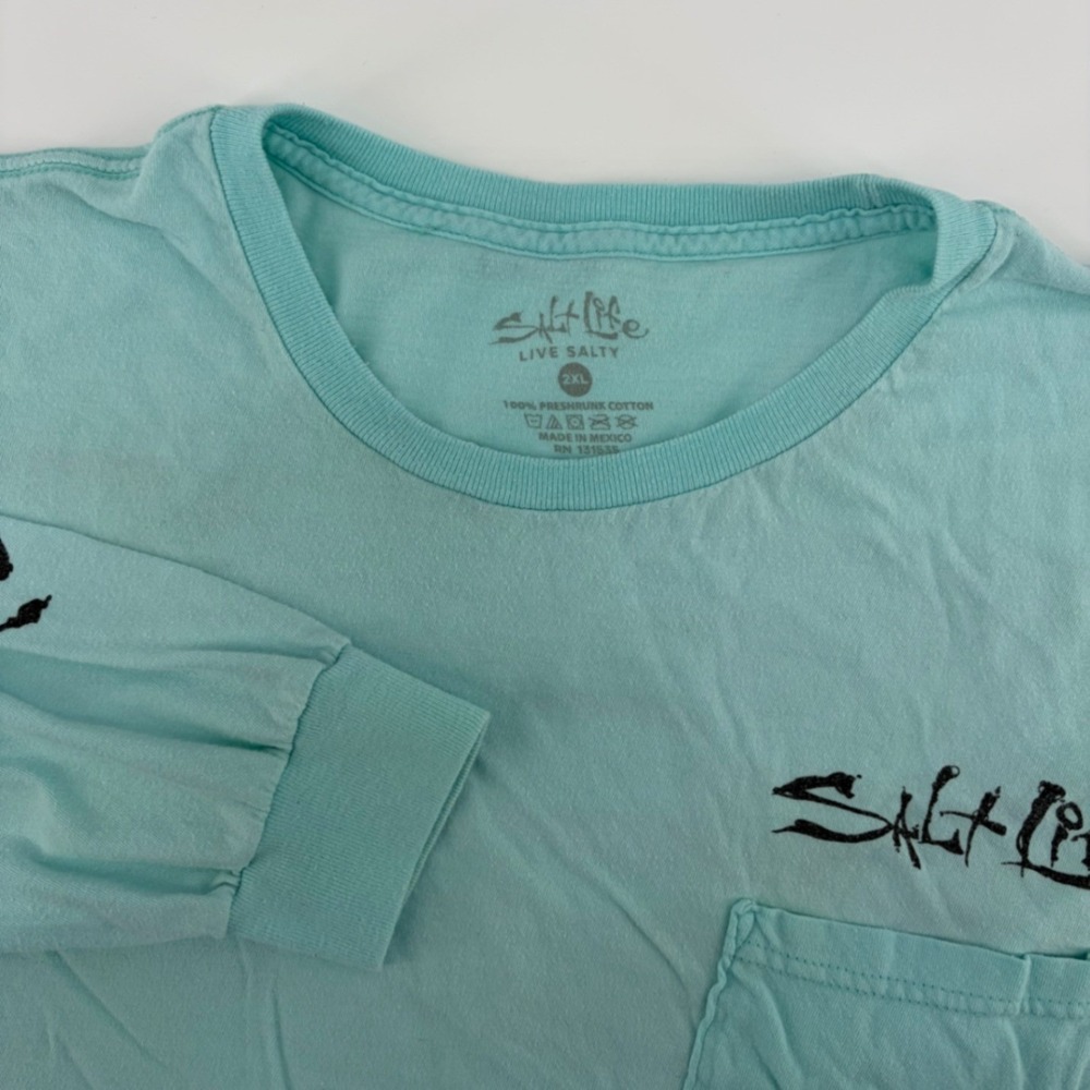 Salt Life Mens 2XL Long Sleeve Pocket T-Shirt Seafoam Green Fishing Flag Graphic